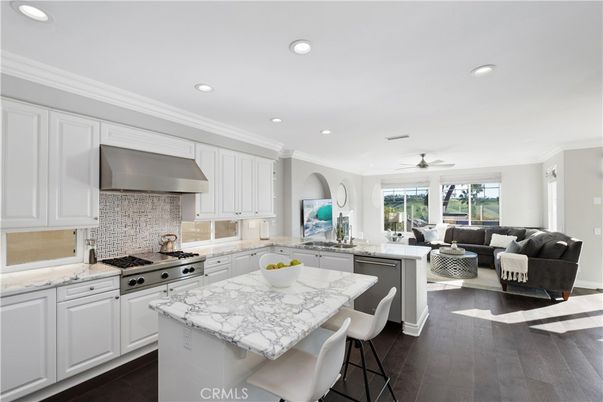 Interior, Kitchen, Living room, Recessed Lighting, Stainless Steel Appliances, Wood Texture Flooring
