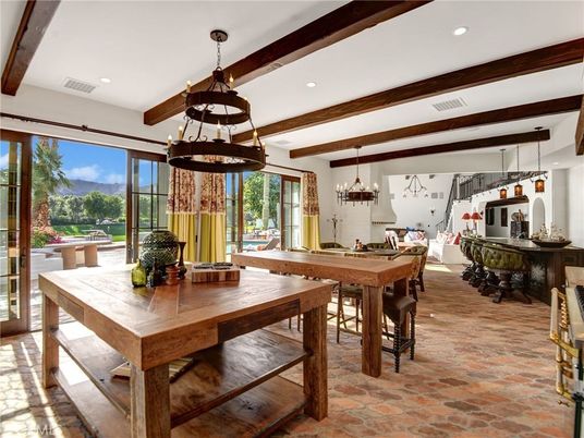 Chandelier, Dining room, Interior, Pendant Lights, Recessed Lighting, Wooden Beams
