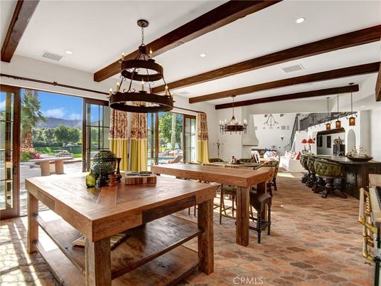 Billiard Table, Chandelier, Dining room, Game Room, Interior, Pendant Lights, Recessed Lighting, Wooden Beams