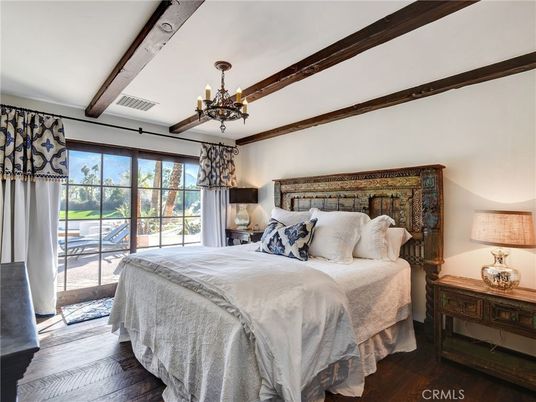 Bedroom, Chandelier, Interior, Wooden Beams, Wood Texture Flooring