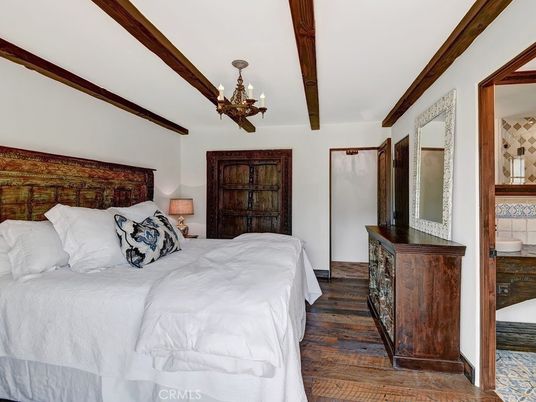 Bedroom, Chandelier, Interior, Wooden Beams, Wood Texture Flooring