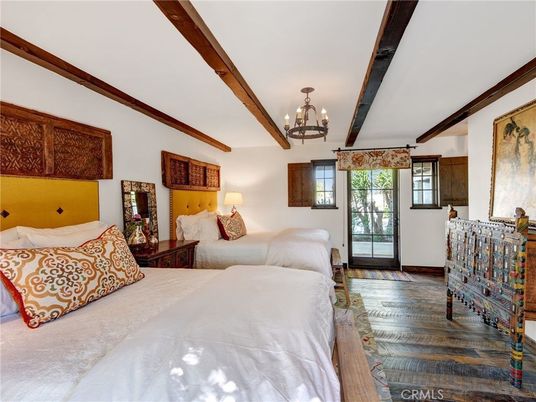 Bedroom, Chandelier, Interior, Wooden Beams, Wood Texture Flooring