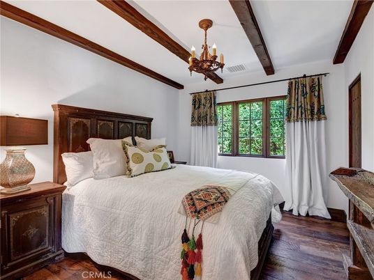 Bedroom, Chandelier, Interior, Wooden Beams, Wood Texture Flooring