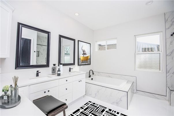 Bathroom, Dual Sink Vanities, Interior, Marble, Marble Walls, Recessed Lighting
