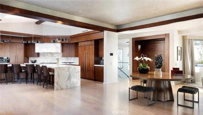 Interior, Kitchen, Marble Walls, Recessed Lighting, Stainless Steel Appliances, Wood Texture Flooring