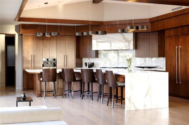 Interior, Kitchen, Marble Walls, Pendant Lights, Wood Texture Flooring
