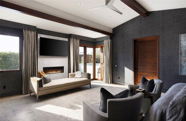 Fireplace, Interior, Living room, Recessed Lighting, Wooden Beams