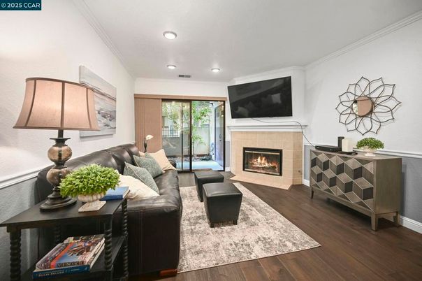 Fireplace, Interior, Living room, Recessed Lighting, Wood Texture Flooring
