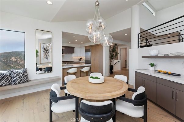 Dining room, Interior, Kitchen, Pendant Lights, Recessed Lighting, Stainless Steel Appliances, Wood Texture Flooring