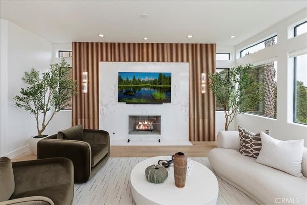 Fireplace, Interior, Living room, Recessed Lighting, Wood Texture Flooring