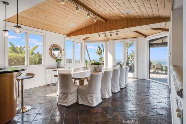 Dining room, Interior, Pendant Lights, Water, Wooden Ceilings
