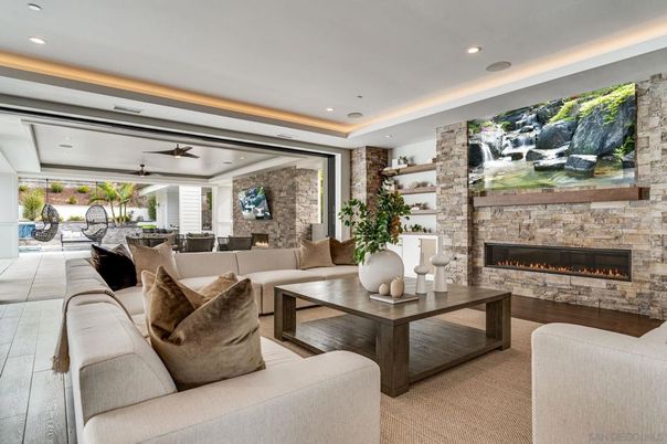 Fireplace, Interior, Living room, Recessed Lighting, Stone Walls, Wood Texture Flooring