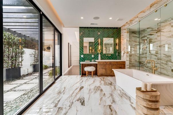 Bathroom, Free Standing Baths, Glass Shower, Interior, Marble, Marble Walls, Recessed Lighting