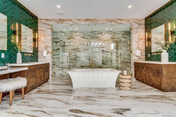 Bathroom, Free Standing Baths, Glass Shower, Interior, Marble, Marble Walls, Recessed Lighting