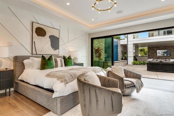 Bedroom, Interior, Pendant Lights, Recessed Lighting, Wood Texture Flooring