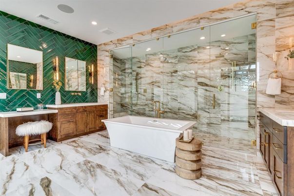 Bathroom, Free Standing Baths, Glass Shower, Interior, Marble, Marble Walls, Recessed Lighting
