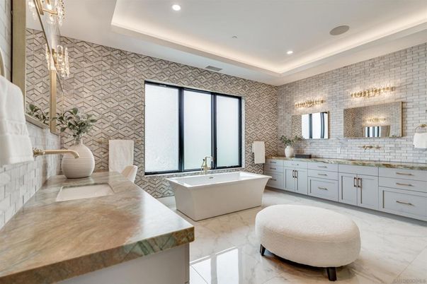Bathroom, Dual Sink Vanities, Free Standing Baths, Interior, Marble, Recessed Lighting