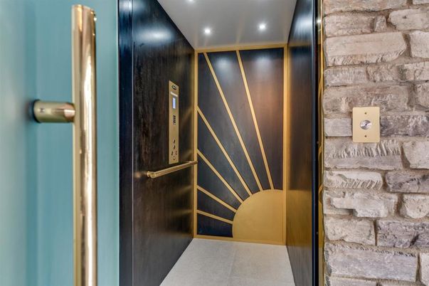 Elevator, Interior, Recessed Lighting, Stone Walls