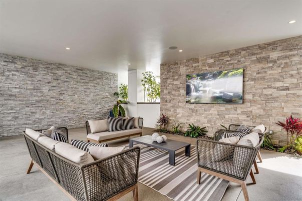 Interior, Living room, Recessed Lighting, Stone Walls