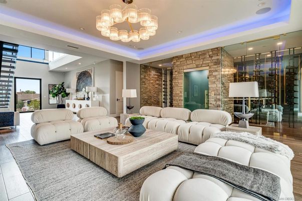 Chandelier, Interior, Living room, Recessed Lighting, Stone Walls, Wine Storage, Wood Texture Flooring