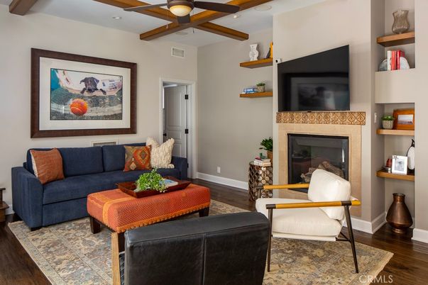 Fireplace, Interior, Living room, Recessed Lighting, Wooden Beams, Wood Texture Flooring
