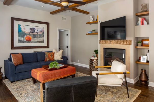 Fireplace, Interior, Living room, Recessed Lighting, Wooden Beams, Wood Texture Flooring