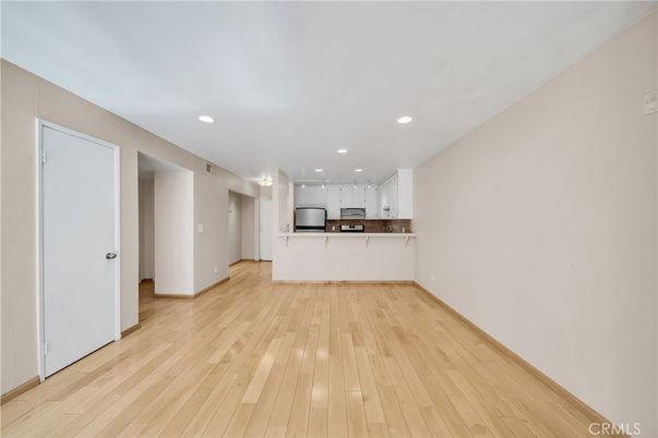 Empty room, Interior, Kitchen, Recessed Lighting, Wood Texture Flooring
