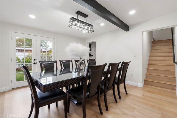 Dining room, Interior, Recessed Lighting, Wooden Beams, Wood Texture Flooring