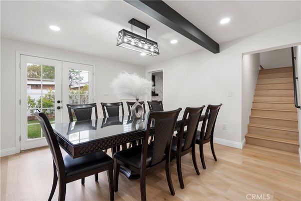 Dining room, Interior, Recessed Lighting, Wooden Beams, Wood Texture Flooring