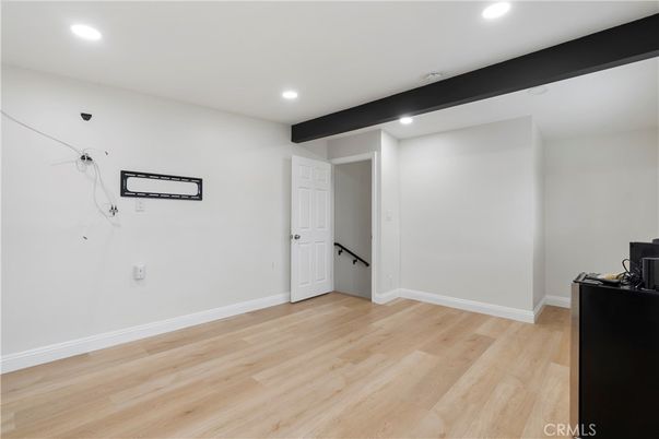 Empty room, Interior, Recessed Lighting, Wooden Beams, Wood Texture Flooring