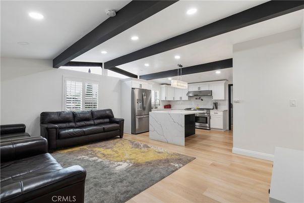 Interior, Kitchen, Living room, Pendant Lights, Recessed Lighting, Stainless Steel Appliances, Wooden Beams, Wood Texture Flooring
