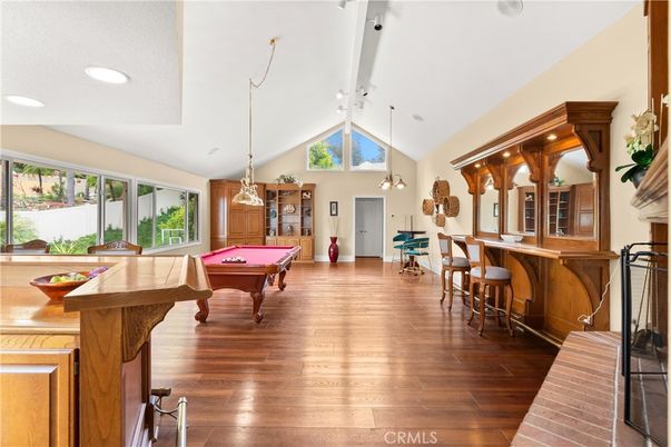 Billiard Table, Game Room, Interior, Pendant Lights, Recessed Lighting, Wood Texture Flooring