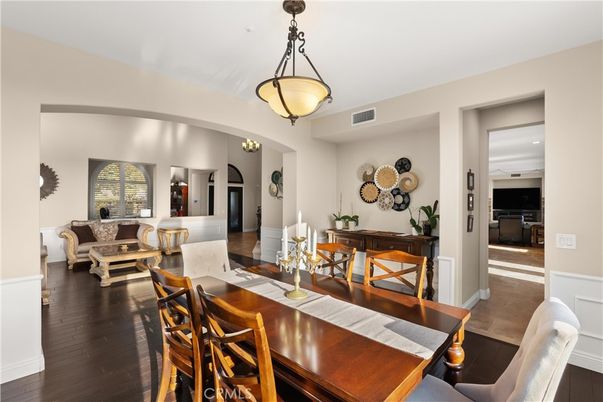 Dining room, Interior, Living room, Pendant Lights, Wood Texture Flooring