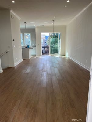 Empty room, Interior, Kitchen, Pendant Lights, Recessed Lighting, Wood Texture Flooring