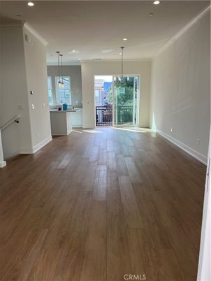 Empty room, Interior, Kitchen, Pendant Lights, Recessed Lighting, Wood Texture Flooring