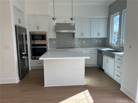 Interior, Kitchen, Pendant Lights, Stainless Steel Appliances, Wood Texture Flooring