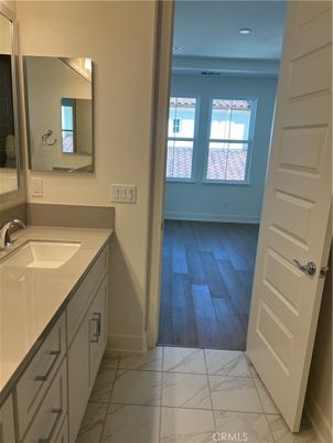Bathroom, Interior, Marble, Recessed Lighting, Wood Texture Flooring