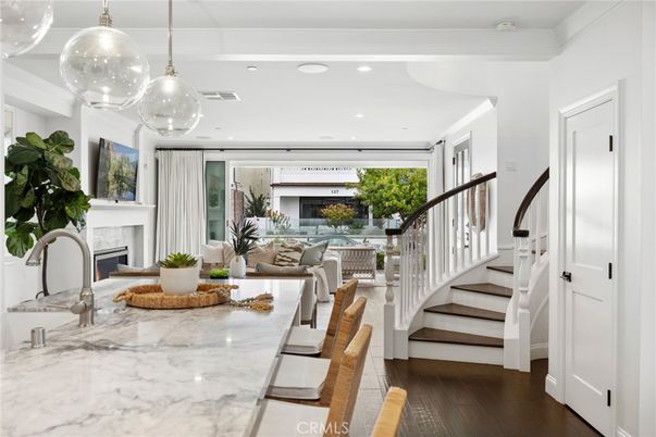 Dining room, Fireplace, Interior, Pendant Lights, Recessed Lighting, Wood Texture Flooring