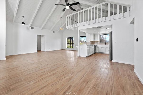 Empty room, Interior, Kitchen, Pendant Lights, Recessed Lighting, Wood Texture Flooring