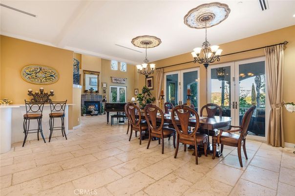 Chandelier, Dining room, Fireplace, Interior
