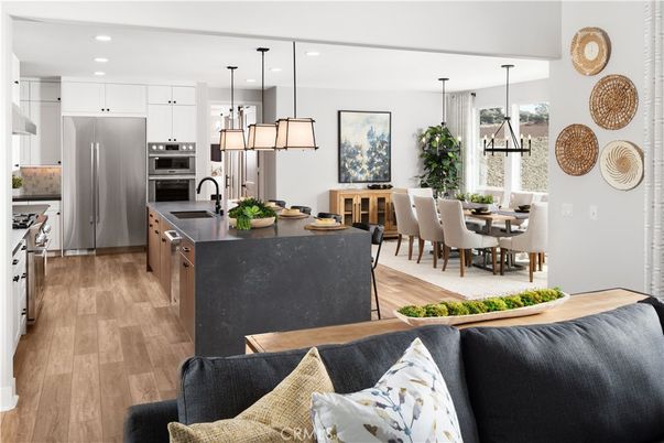 Dining room, Interior, Kitchen, Pendant Lights, Recessed Lighting, Stainless Steel Appliances, Wood Texture Flooring