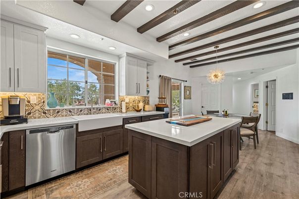Dining room, Interior, Kitchen, Pendant Lights, Recessed Lighting, Stainless Steel Appliances, Wooden Beams, Wood Texture Flooring