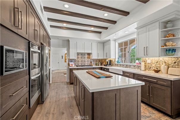 Interior, Kitchen, Recessed Lighting, Stainless Steel Appliances, Wooden Beams, Wood Texture Flooring