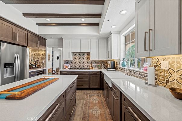 Interior, Kitchen, Recessed Lighting, Stainless Steel Appliances, Wooden Beams, Wood Texture Flooring