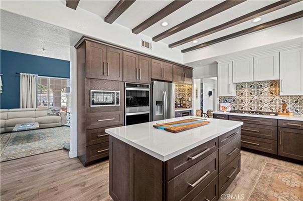 Interior, Kitchen, Living room, Recessed Lighting, Stainless Steel Appliances, Wooden Beams, Wood Texture Flooring