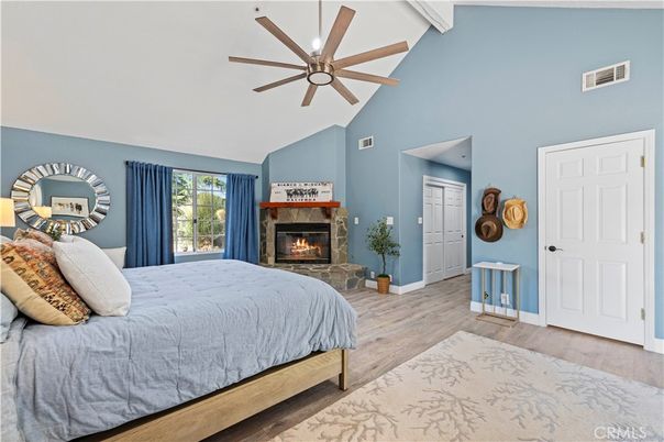 Bedroom, Fireplace, Interior, Wood Texture Flooring