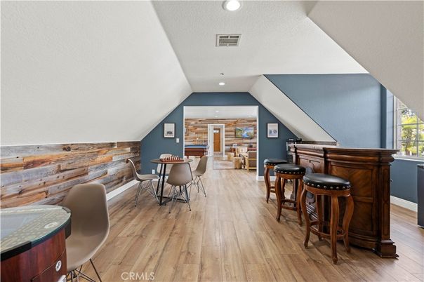 Dining room, Interior, Recessed Lighting, Wood Texture Flooring, Wooden Walls