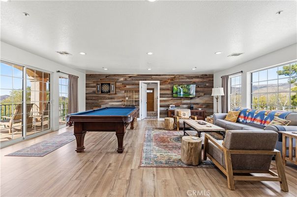 Billiard Table, Game Room, Interior, Living room, Recessed Lighting, Wood Texture Flooring, Wooden Walls