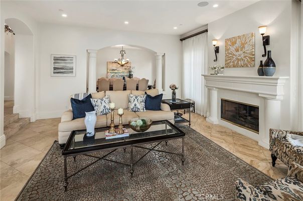 Chandelier, Dining room, Fireplace, Interior, Living room, Recessed Lighting