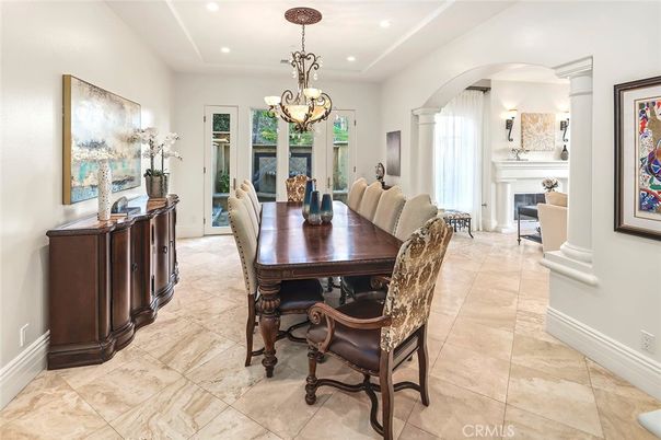 Chandelier, Dining room, Fireplace, Interior, Recessed Lighting